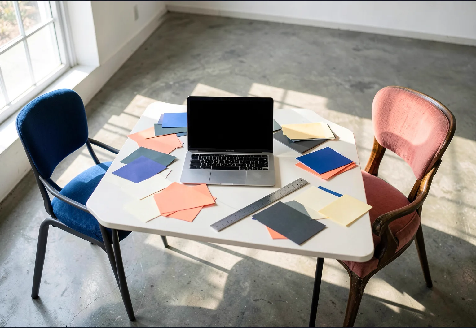 A bright shared worktable with colorful paper, a laptop and two chairs, representing collaborative work.