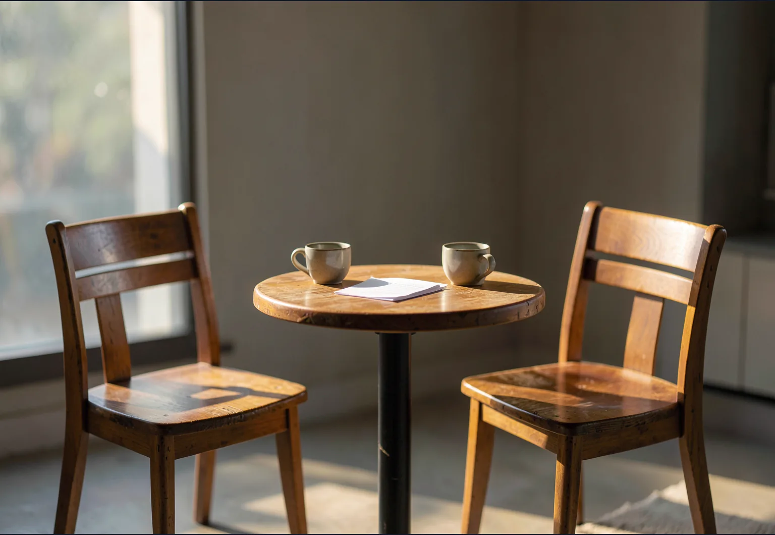 Two empty chairs facing each other beside a softly lit table, representing a calm conversation after conflict.