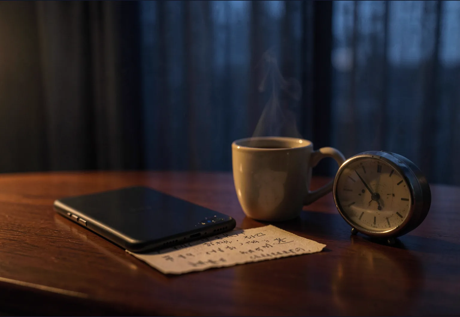 A warm evening desk with a phone, handwritten note and soft lamp light, representing thoughtful communication.