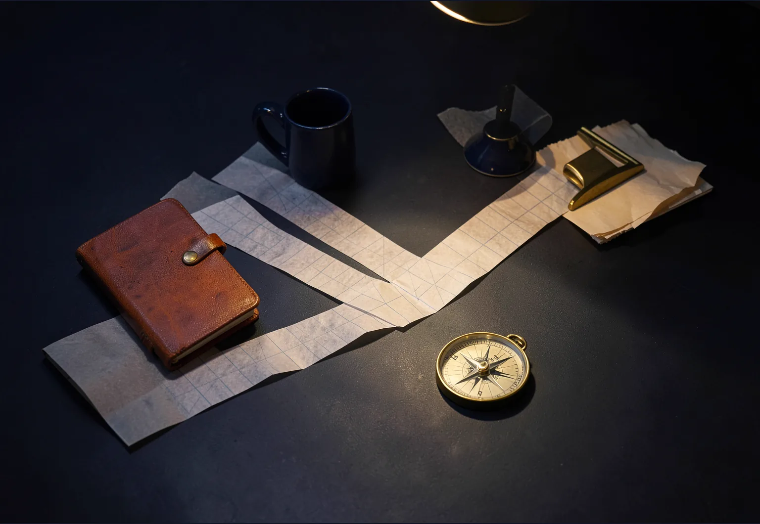 A brass compass and branching paper paths on a dark worktable, representing deliberate decision-making.