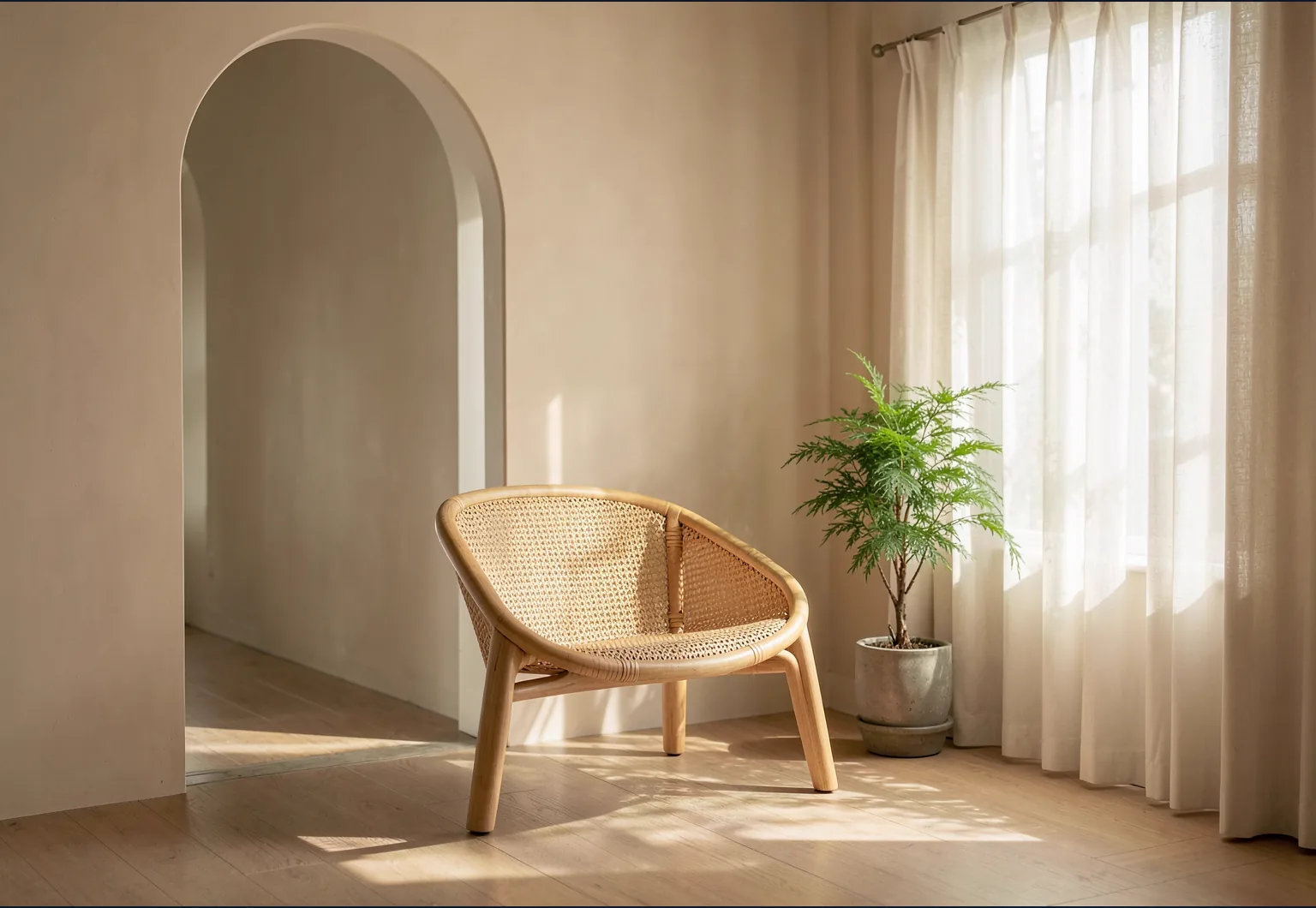 A sunlit room with an open doorway, a soft curtain and a single chair, representing comfortable personal boundaries.