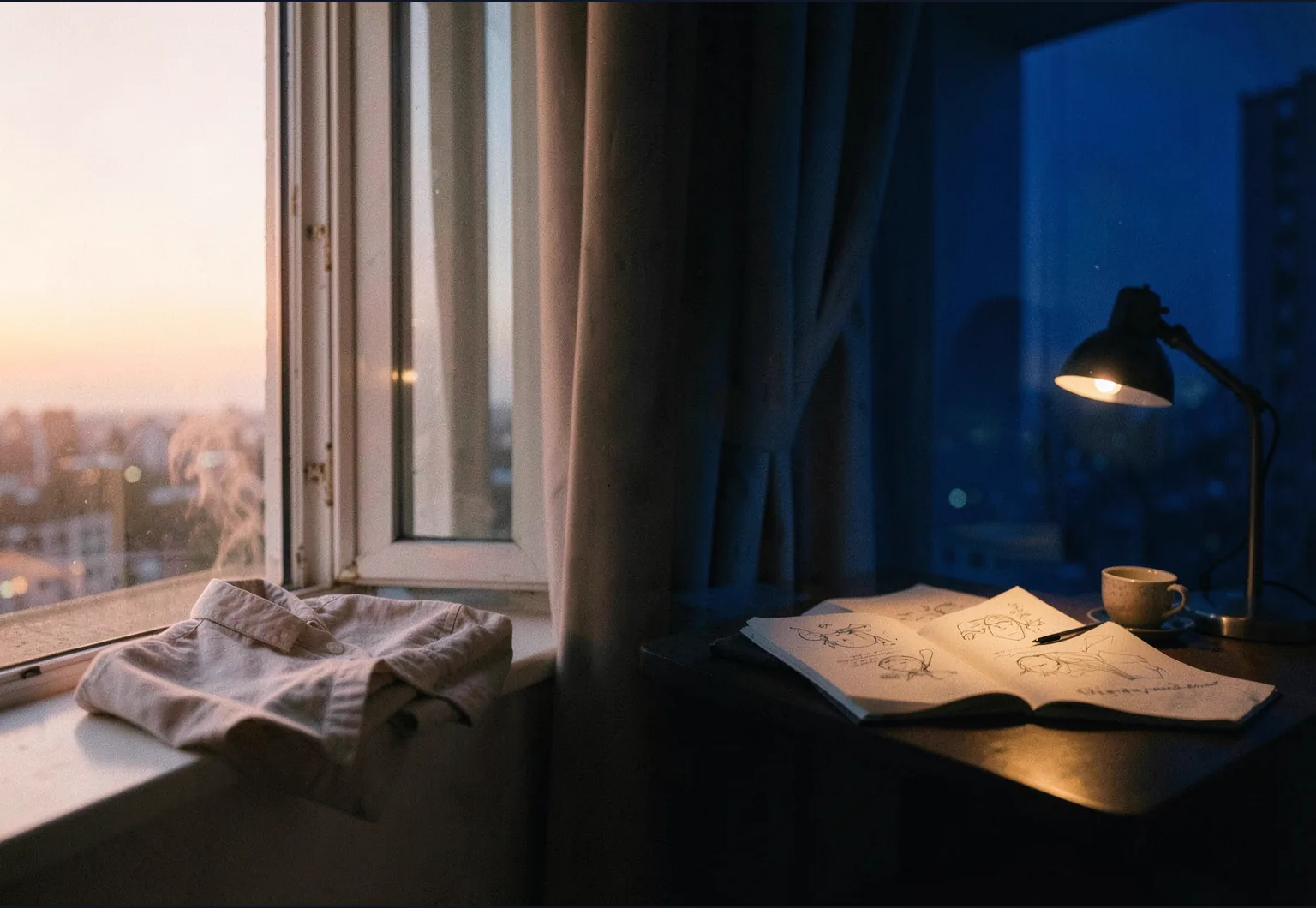 An apartment window shifting from warm morning light to a cobalt-blue night desk, representing a daily rhythm.