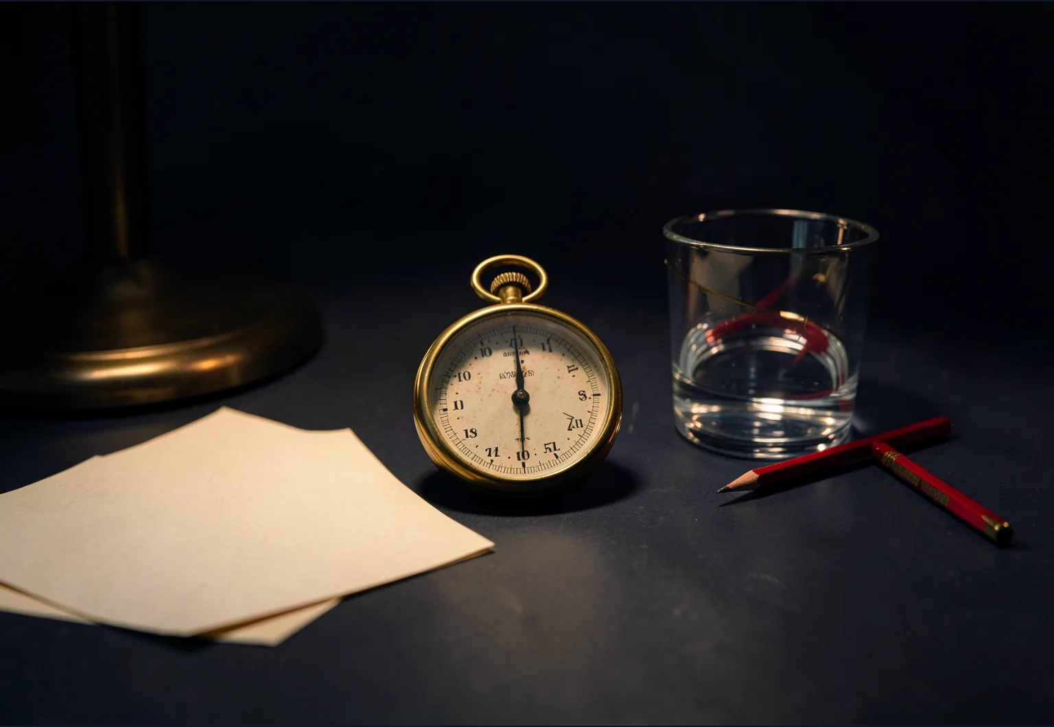 A dramatic desk lamp illuminating a stopwatch, paper and a glass of water in a dark studio.