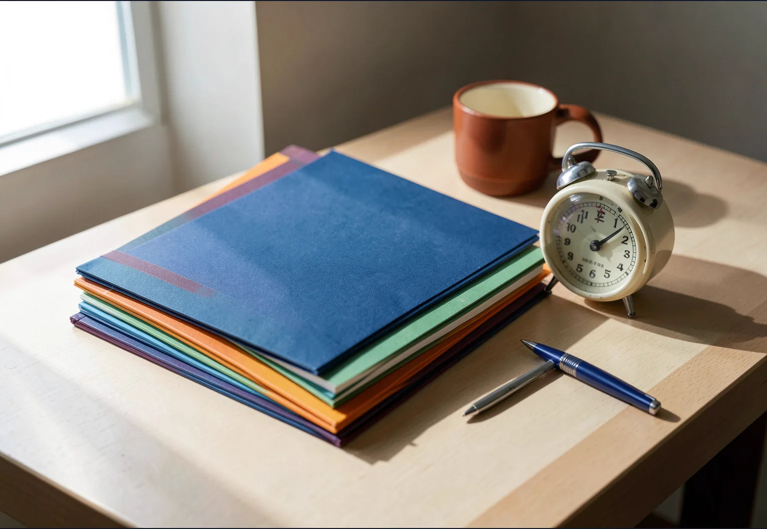 A focused desk with stacked colored folders, a timer and a cup of coffee, representing priorities.