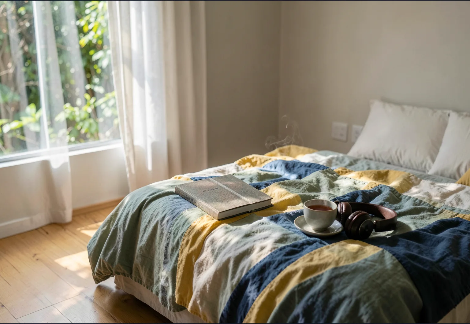 A sunlit bed, book and headphones in a quiet room, representing different ways to recharge.