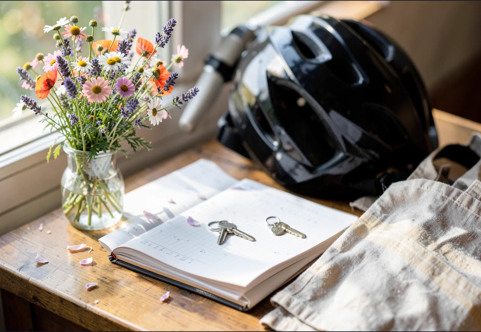 A colorful planner beside fresh flowers and a bicycle helmet, representing planned and spontaneous daily rhythm.