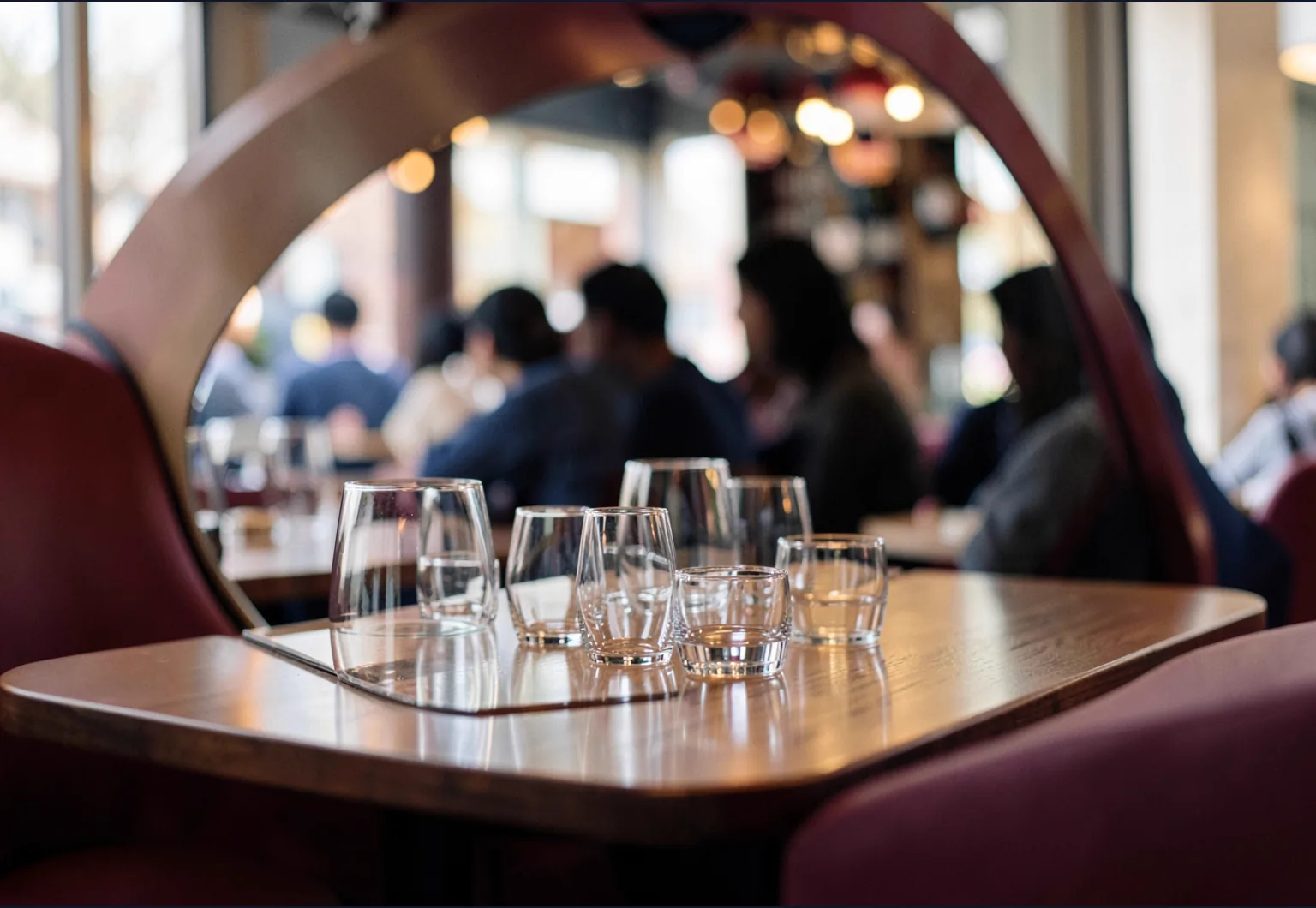 A stylish cafe table reflected in a curved mirror, suggesting observation of social atmosphere.