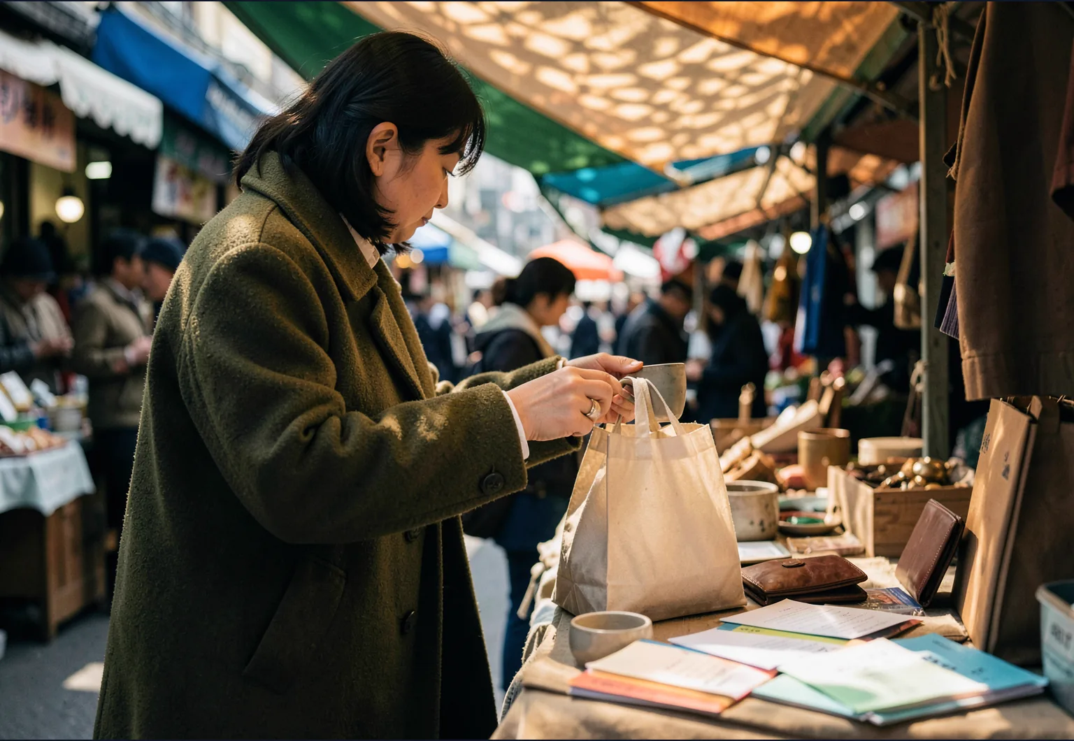 A person comparing a ceramic cup at a sunlit market stall, representing intentional spending choices.